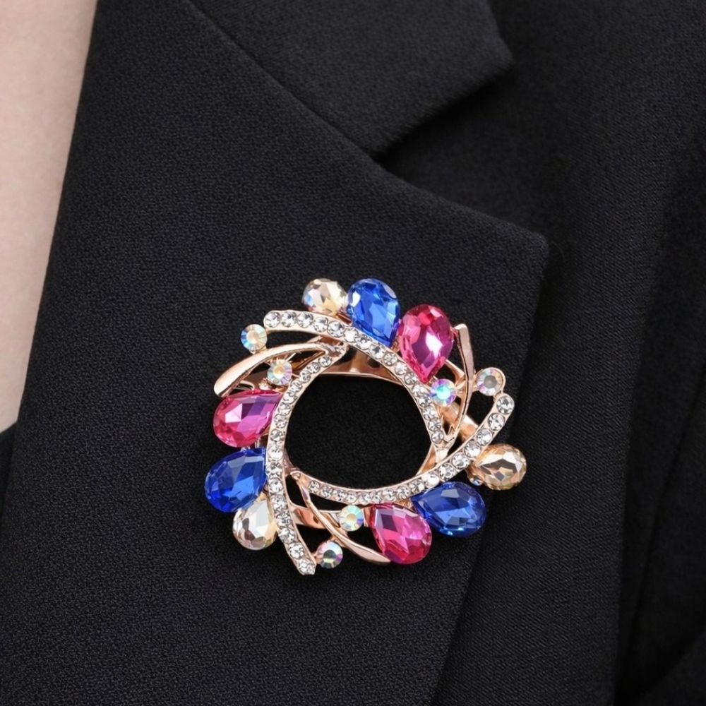 Colorful Crystal Wreath Brooch Pin | Rose Gold Tone | Statement Accessory